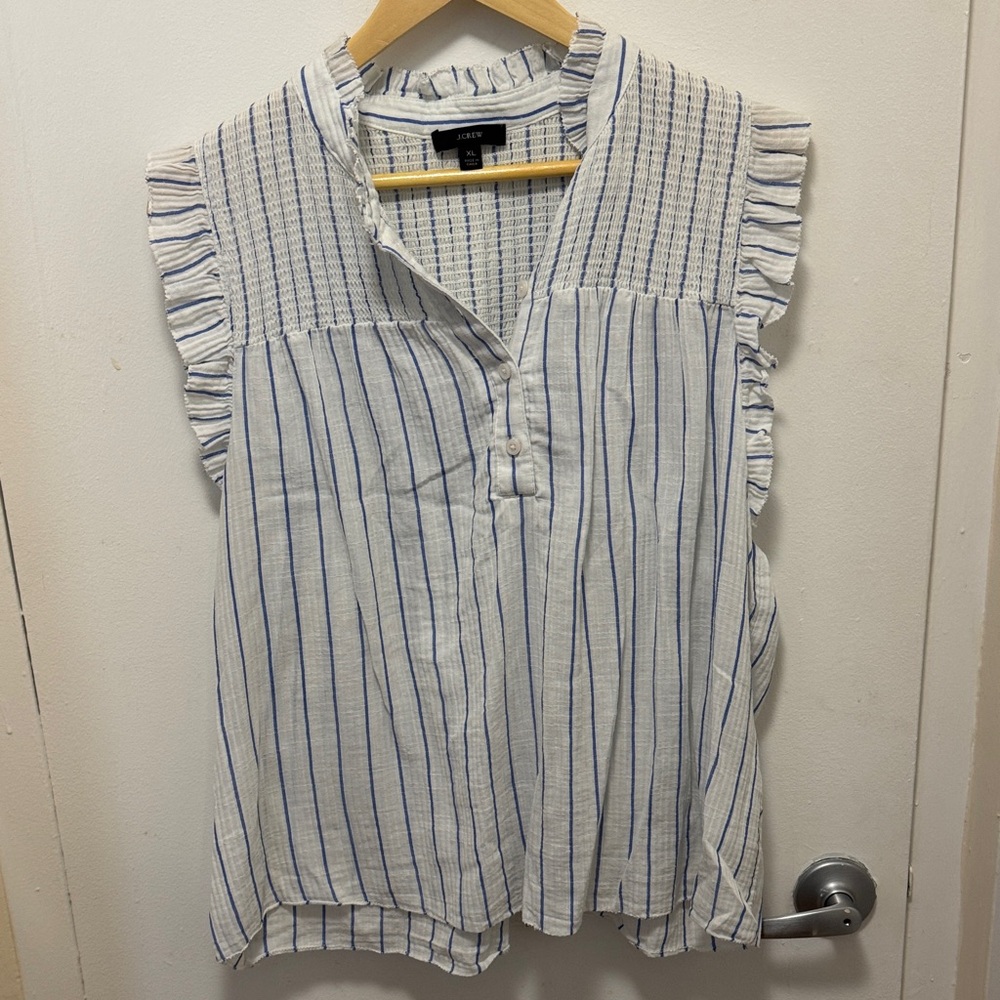 J. Crew Ruffled Blue and White Blouse